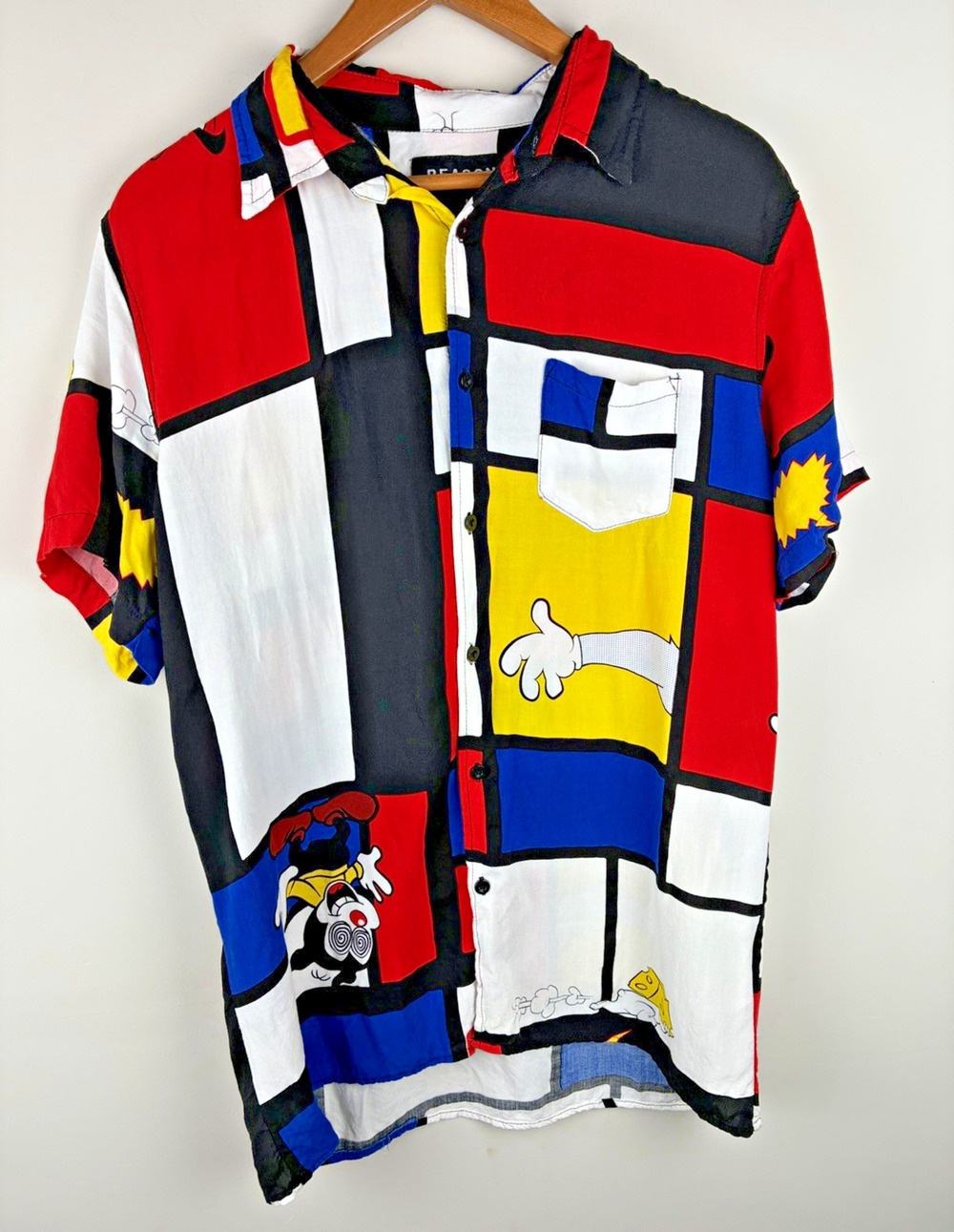 Reason Men’s L Comic Pop Art Button Up Shirt Colorblock Streetwear Y2K Graphic